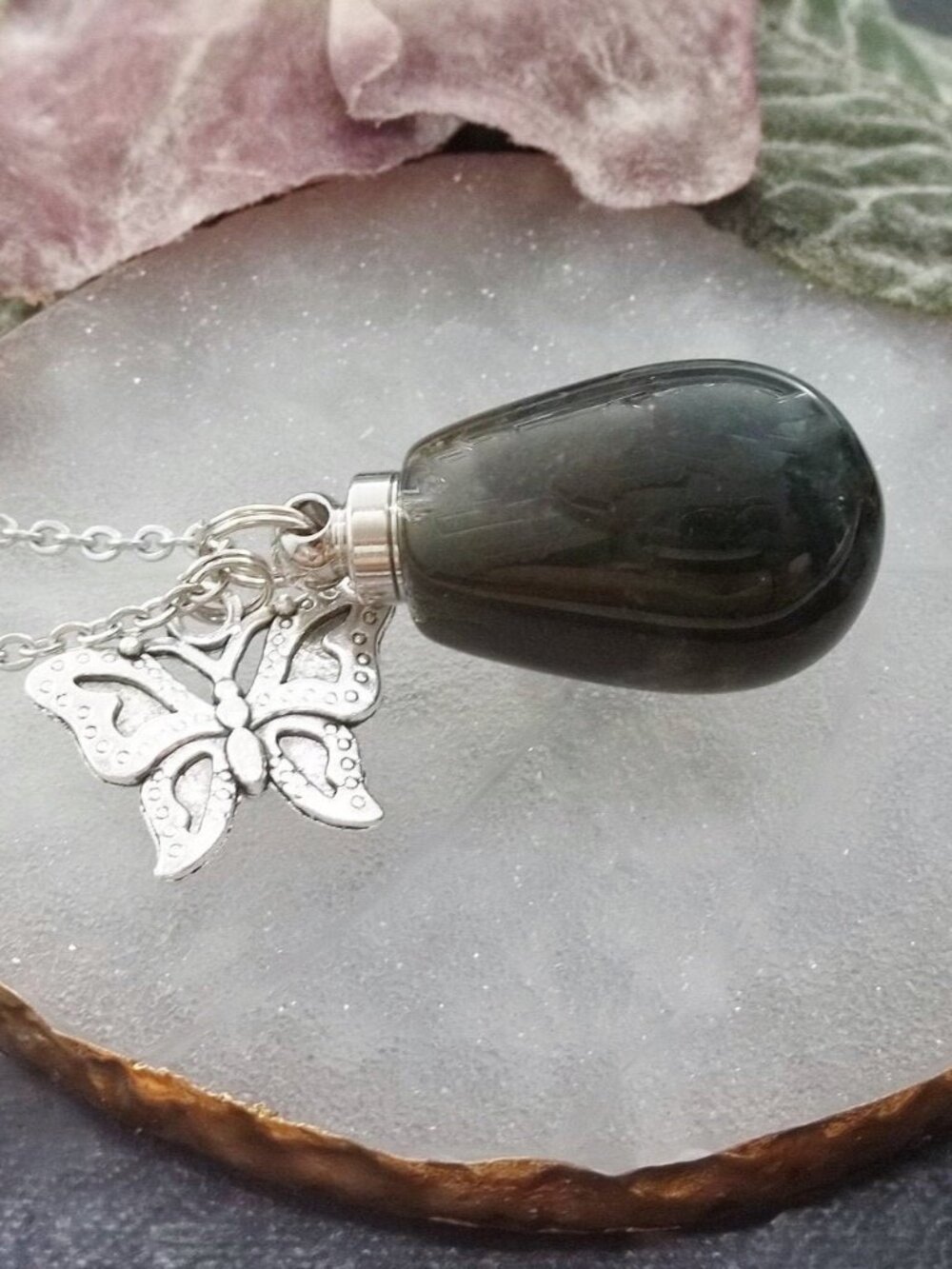 Moss Agate Crystal Perfume Bottle Necklace Butterfly